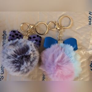 Faux Fur Pom Pom Bow Keychain - Pastel Pink & Purple